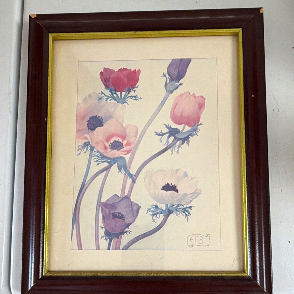 Signed "EFB" Framed Floral Flowers Print on Paper Portrait Orientation